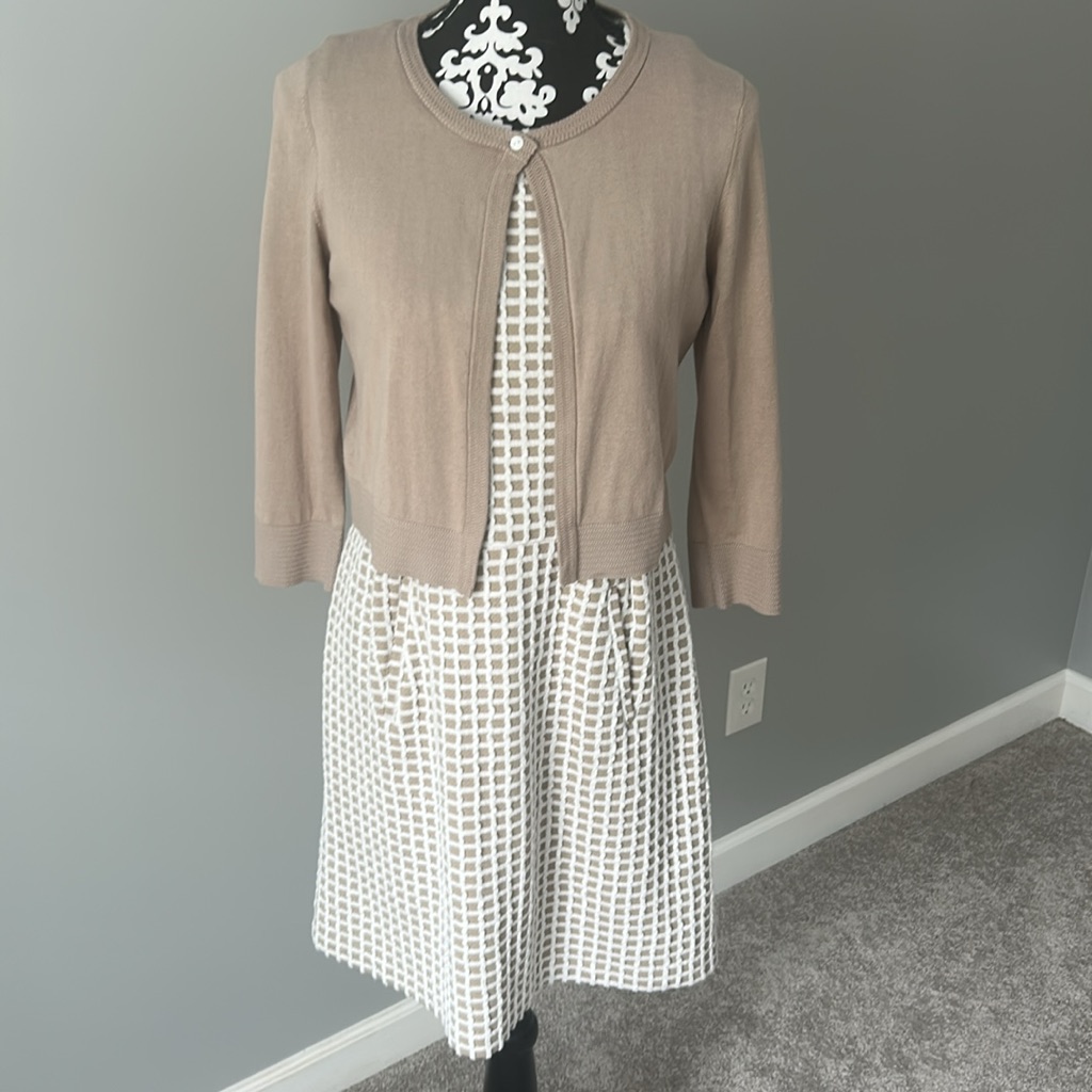Tyler Boe Brown And White Sleeveless A-Line Dress With Matching Cardigan